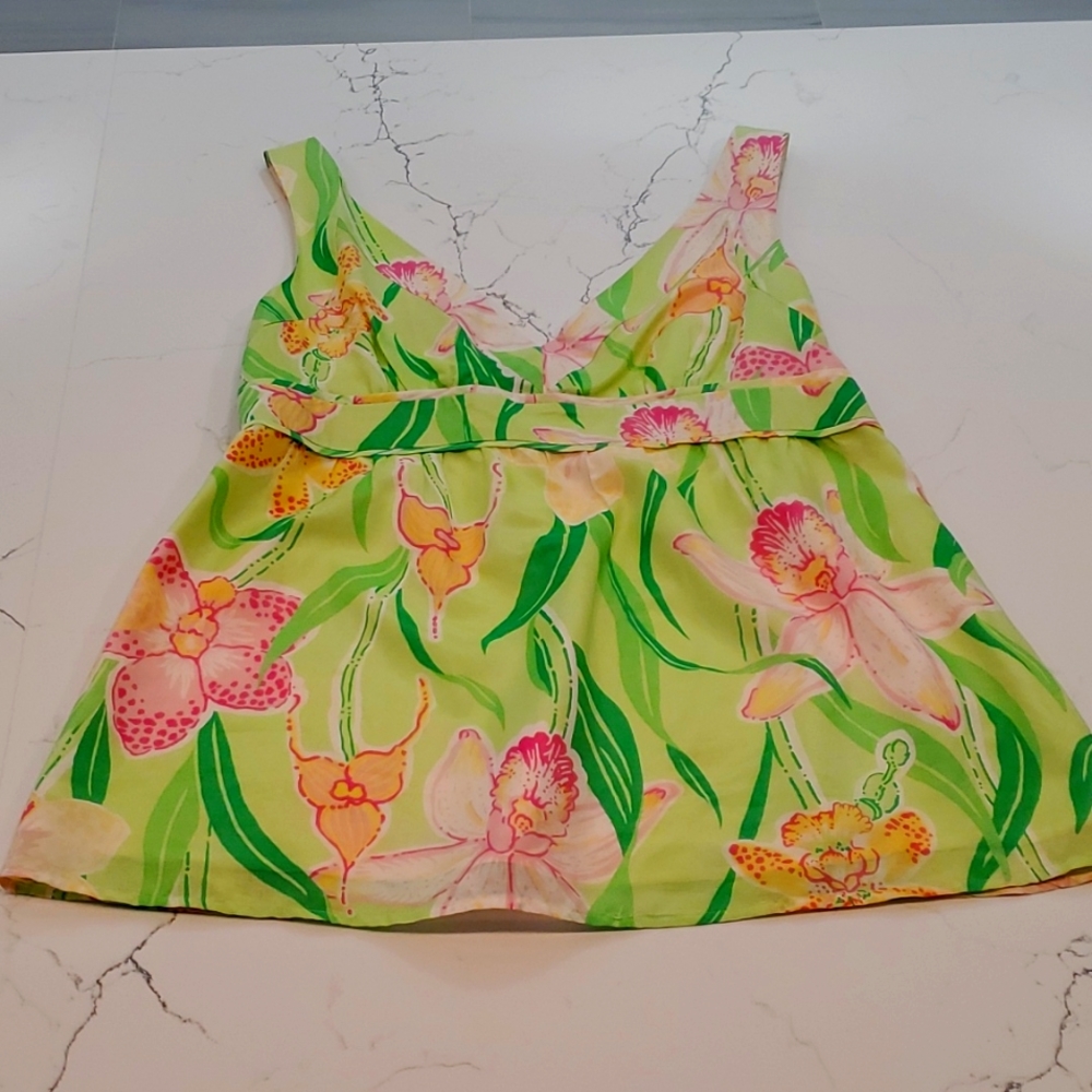 LILY PULITZER Floral Babydoll Lined Empire Waist Tank Top Pink Green Yellow sz 6